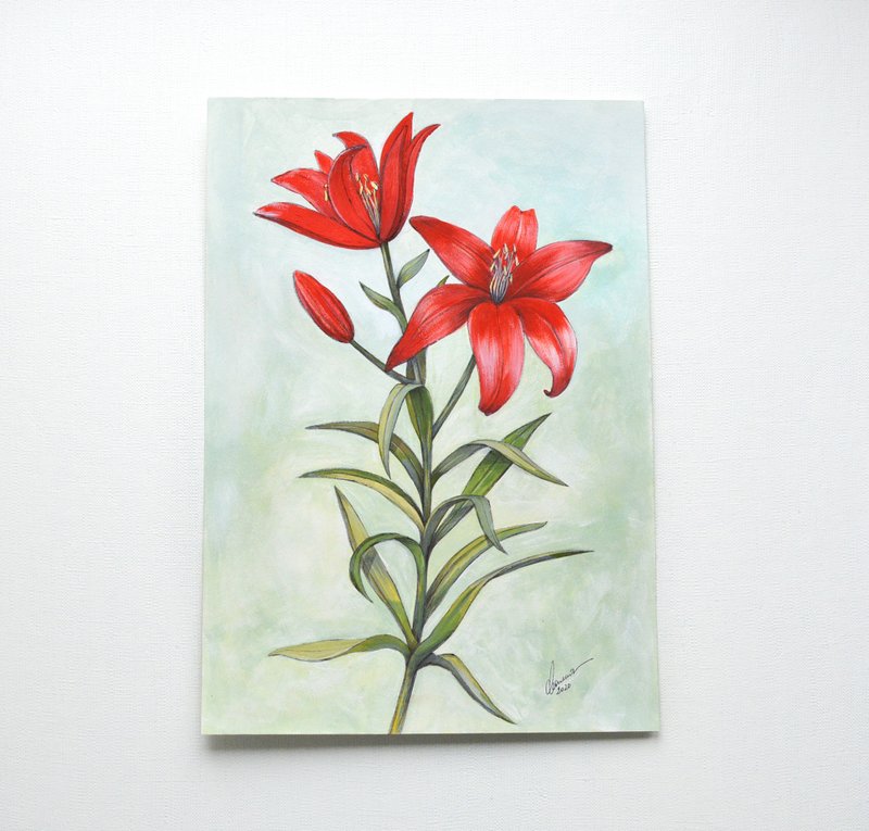 Red Lilies Original Gouache Painting 30x21cm Botanical Illustration Lily Flowers - Illustration, Painting & Calligraphy - Paper Red