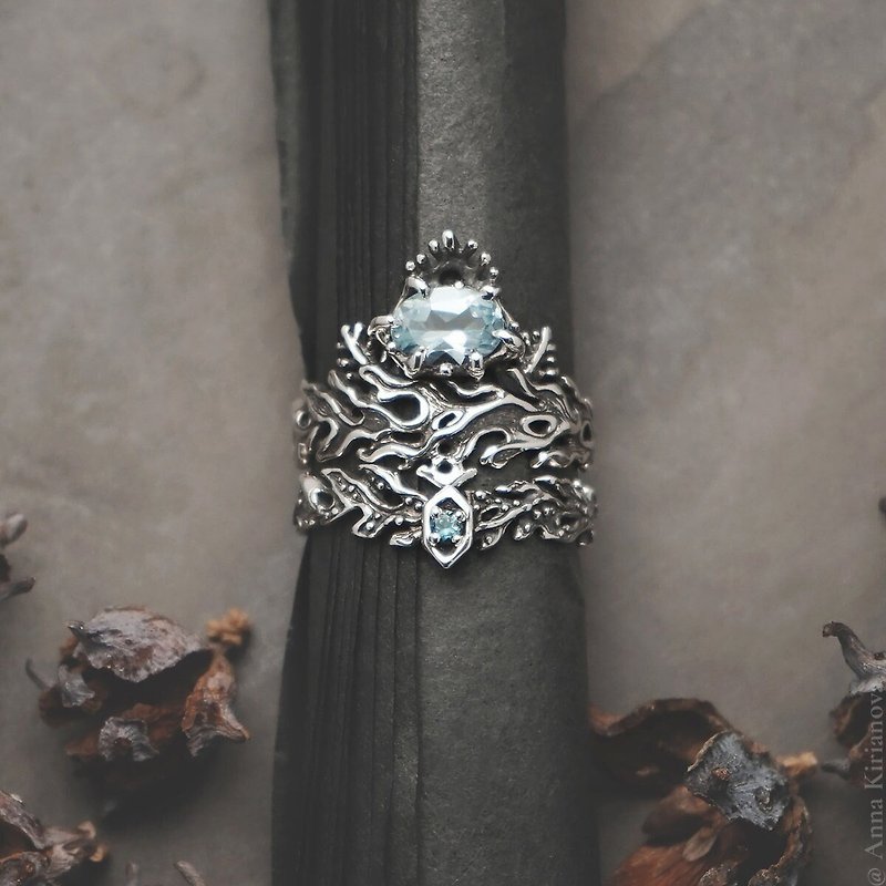 Set of Mermaid Ring with Sky Blue Topaz and Seaweed Ring with London Blue Topaz - แหวนทั่วไป - เงินแท้ สีเงิน