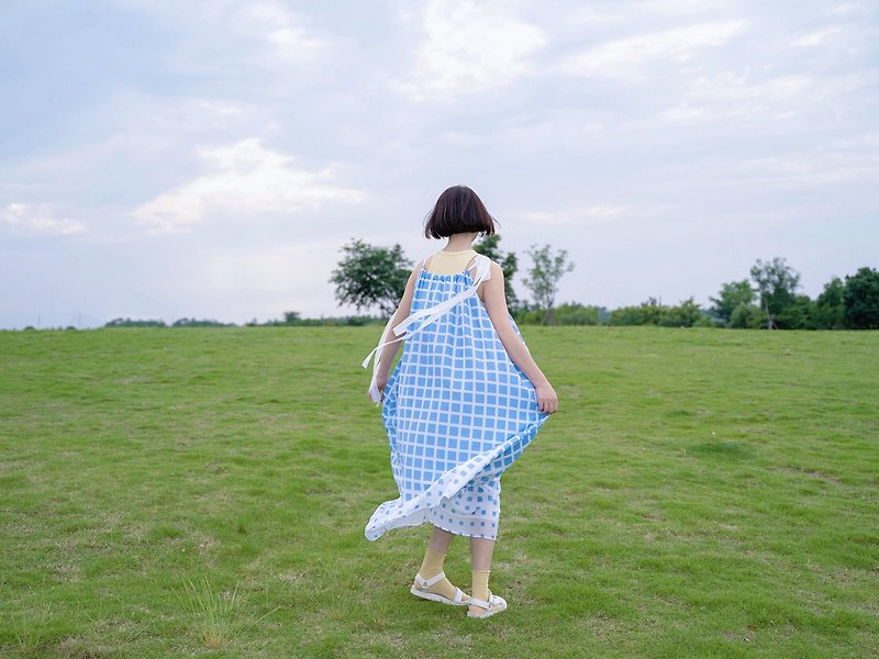 Summer Refreshing Silk Cotton Lace-Up Dress - ชุดเดรส - ผ้าไหม สีน้ำเงิน