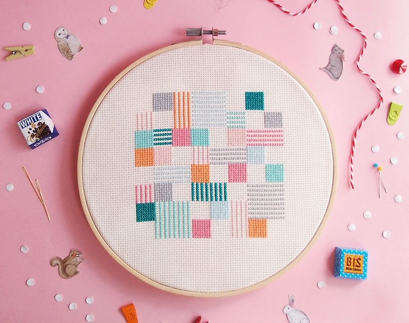Modern Cross Stitch KIT - Play with Squares n Lines - Knitting, Embroidery, Felted Wool & Sewing - Other Materials Pink