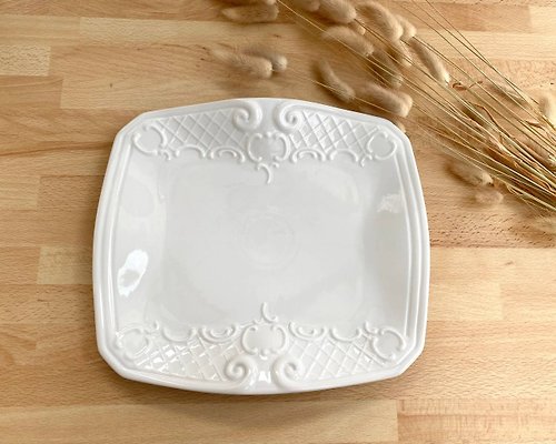HappyDuckVintage 矩形白色盤子巴伐利亞|帶蕾絲圖案的瓷器上菜