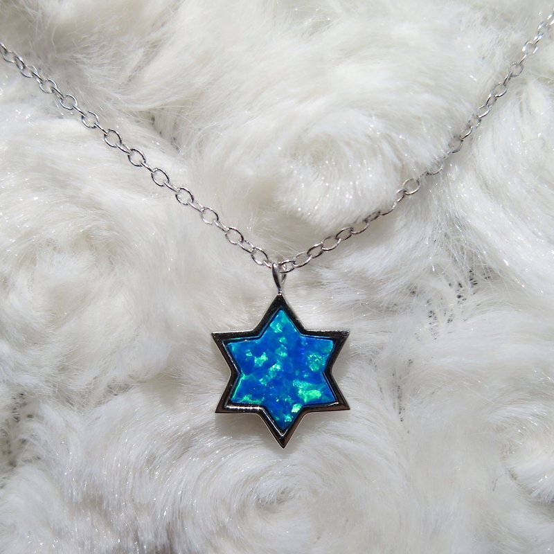 Star of David Clavicle Necklace Sterling Silver Sideways Opalite Platinum-Clad Choker - สร้อยคอ - โลหะ สีน้ำเงิน