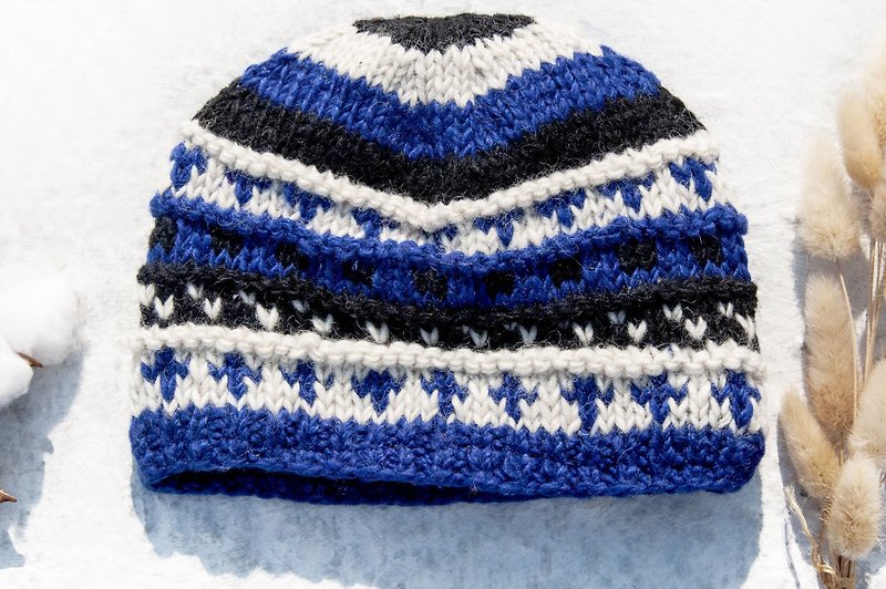 手工編織純羊毛帽/針織編織帽/內刷毛手織毛帽/毛線帽-天空費爾島 - 帽子 - 羊毛 多色