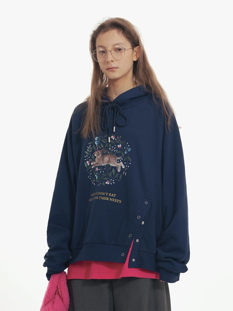 Unvesno (UN)兔年限定-oversize大廓形開衩兔子加絨衛衣SWS-1637 - 帽T/大學T - 棉．麻 藍色