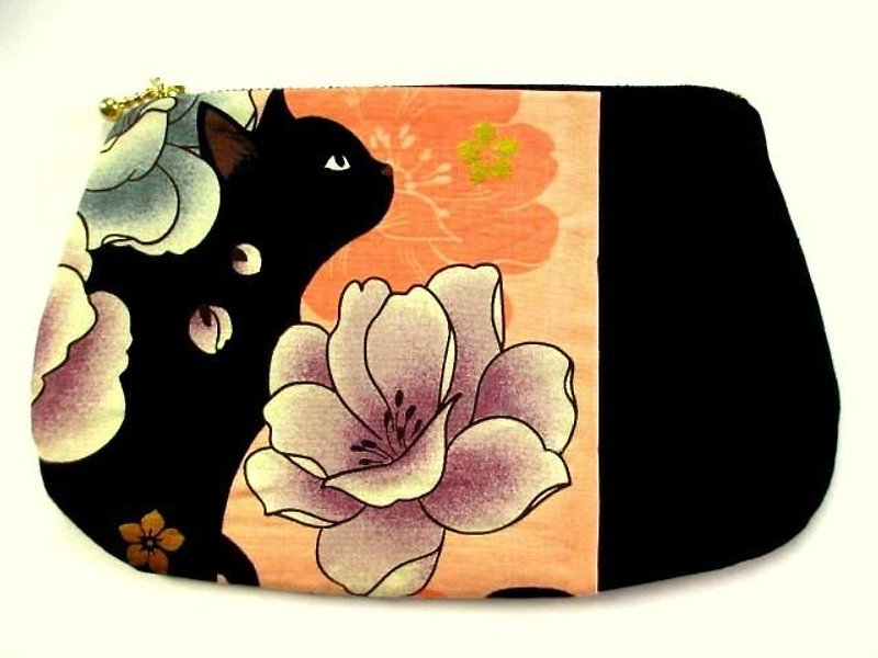 Black cat's Japanese pattern flat pouch * Orange D - Toiletry Bags & Pouches - Cotton & Hemp Orange