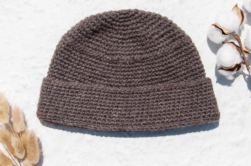 手工編織純羊毛帽/編織帽/針織毛帽/內刷毛手織毛帽/毛線帽-咖啡 - 帽子 - 羊毛 咖啡色