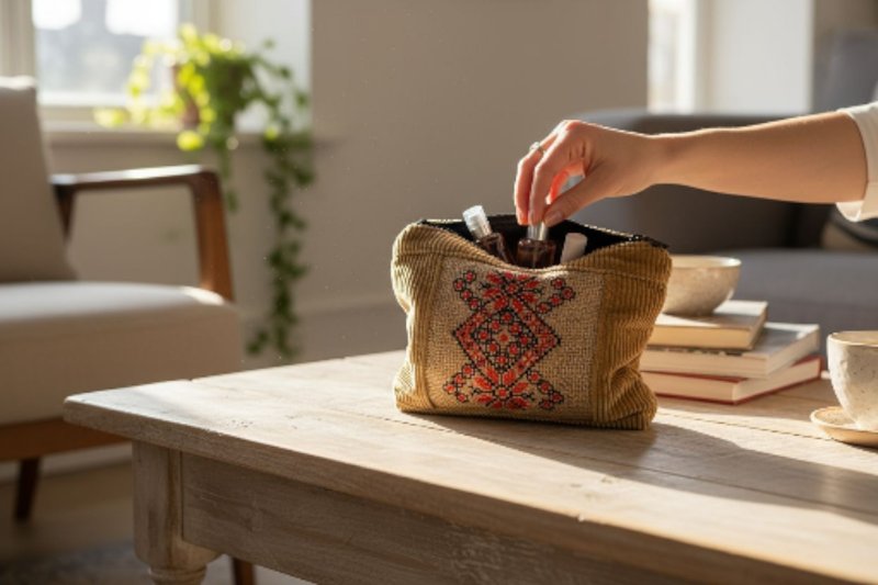 手工刺繡燈芯絨化妝包 – 烏克蘭十字繡收納袋, 民俗刺繡化妝袋, - 化妝包/收納袋 - 棉．麻 黃色