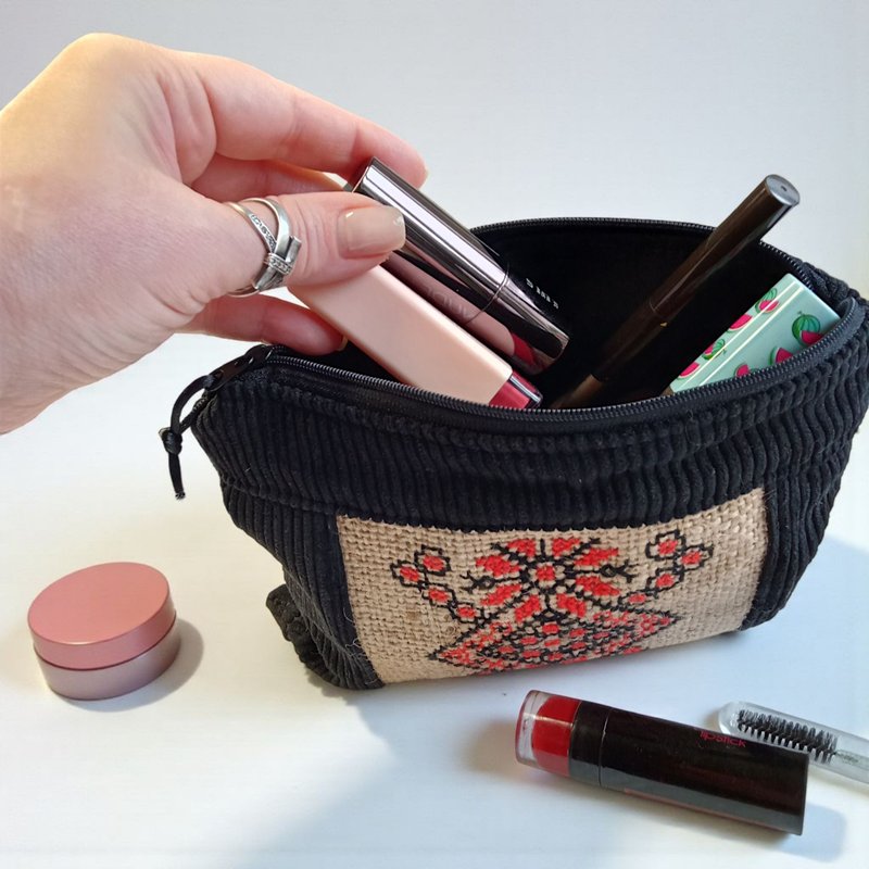 Handmade Embroidered Corduroy Makeup Bag – Ukrainian Cross Stitch Pouch, Ethnic - กระเป๋าเครื่องสำอาง - ผ้าฝ้าย/ผ้าลินิน สีเหลือง