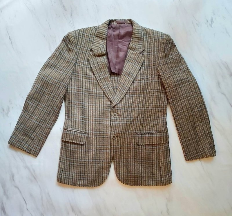 Out-of-print old-fashioned British style 1970's multi-color blended twill all-wool old suit and hunting suit - เสื้อสูทผู้ชาย - ขนแกะ 