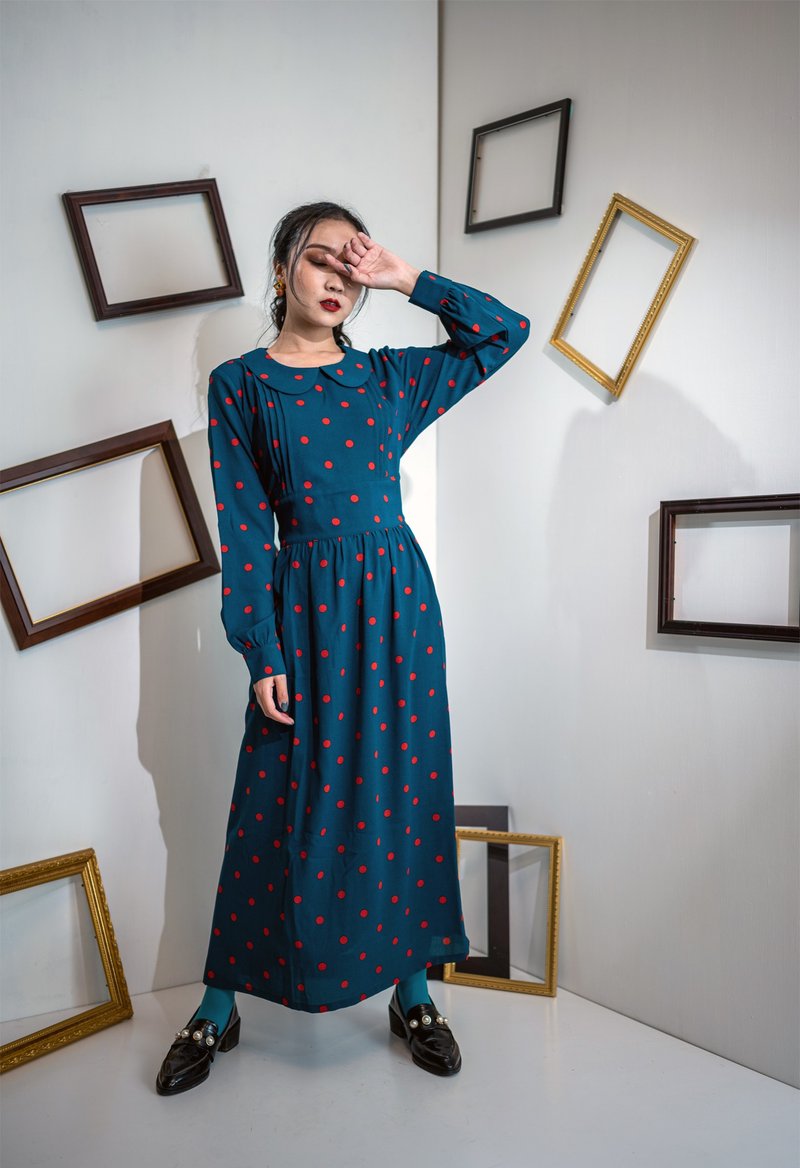 語聲 長袖洋裝Vintage Print Dress - 洋裝/連身裙 - 聚酯纖維 綠色