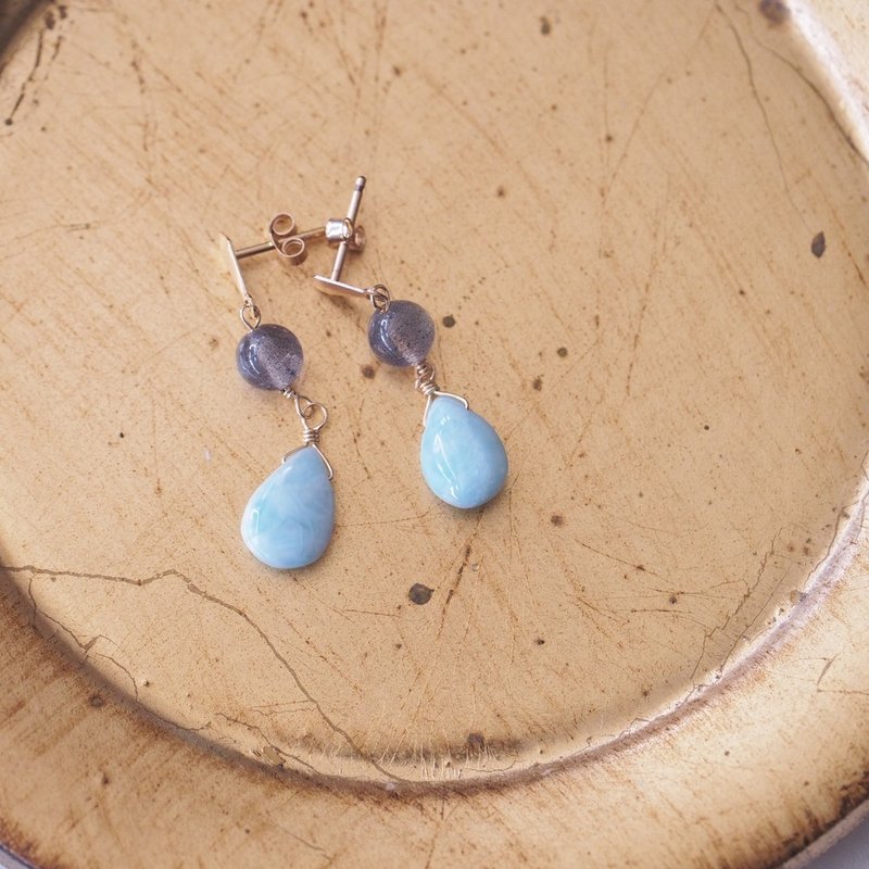 14KGF 拉長石 拉利瑪石 手工耳環 天然石 幸運石 Larimar - 耳環/耳夾/耳骨夾 - 半寶石 藍色