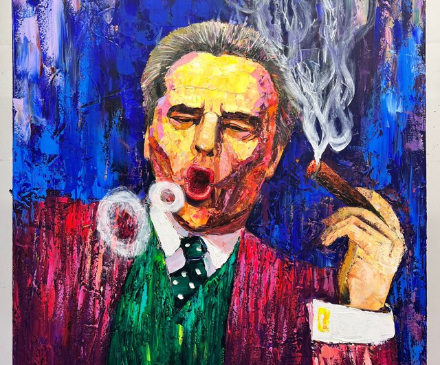 絵画　ART  抽象画　手描き　現代アート　メンズ　作品 数字5 モノクロ キャンバスに描かれたオリジナルの抽象画、喫煙する男性、現代の具象