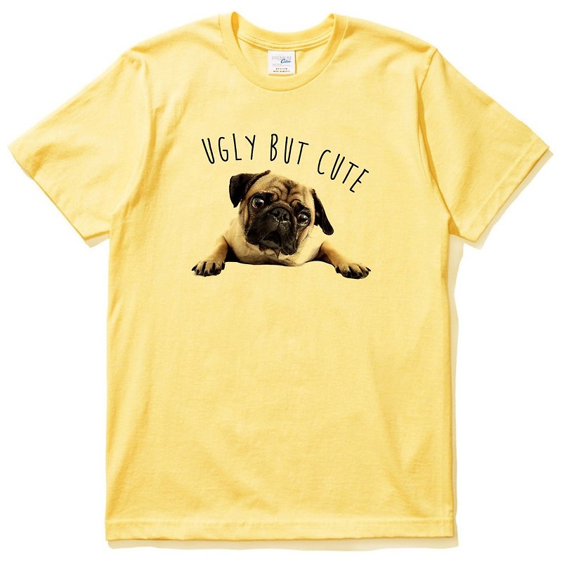 醜いけどかわいいパグ半袖Tシャツ黄色いパグパグ犬フランスの闘犬動物アメリカンコットン - Tシャツ メンズ - コットン・麻 イエロー