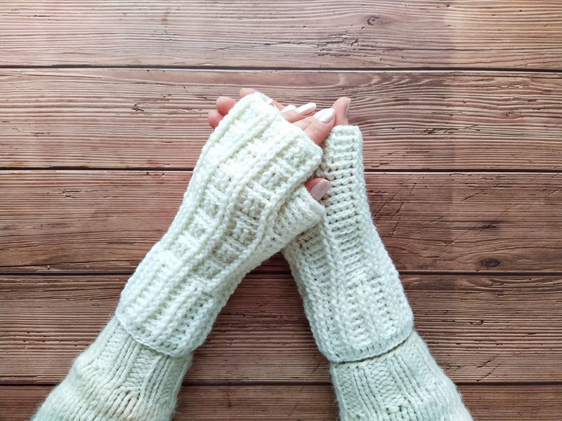 Fingerless gloves for computer work, Mittens for women wool, Arm warmer gloves - Gloves & Mittens - Wool White