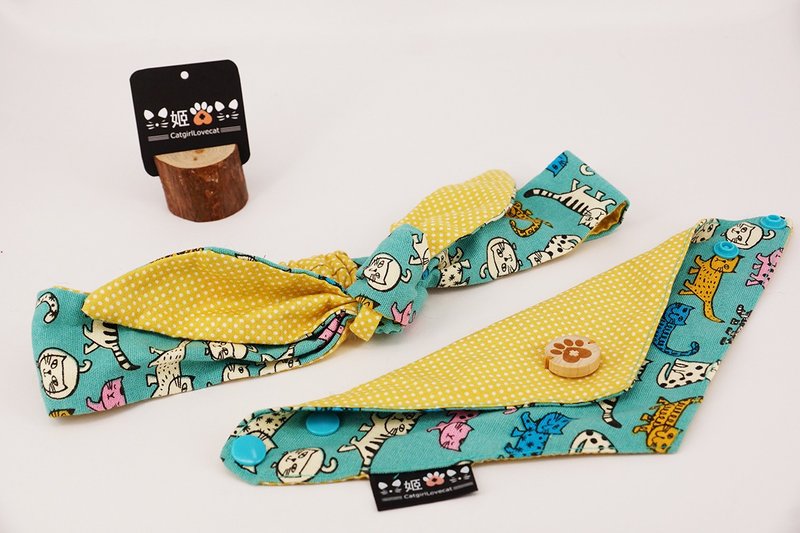 Master and servant flash-cat hit dot series (water blue cat print + goose yellow and white dots) - Clothing & Accessories - Cotton & Hemp Blue