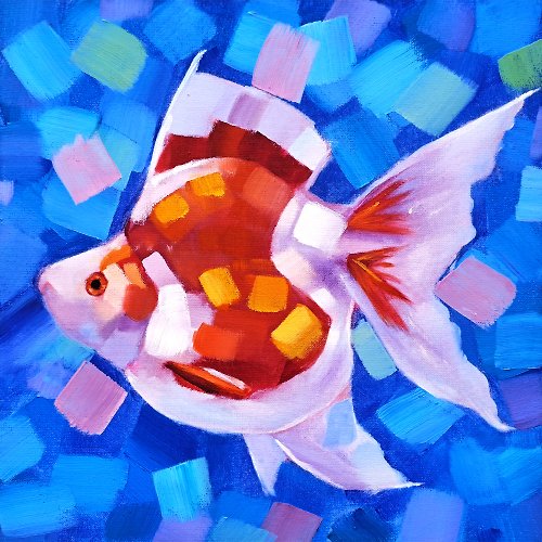 原創藝術 Goldfish Painting Fish Original Art Animal Small Artwork Oil Painting