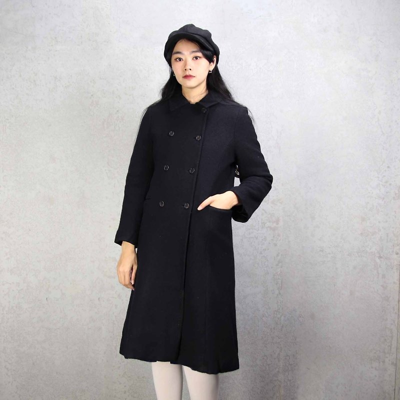 Tsubasa.Y Antique House A03 vintage wool black coat, wool wool long coat - เสื้อแจ็คเก็ต - ขนแกะ สีดำ