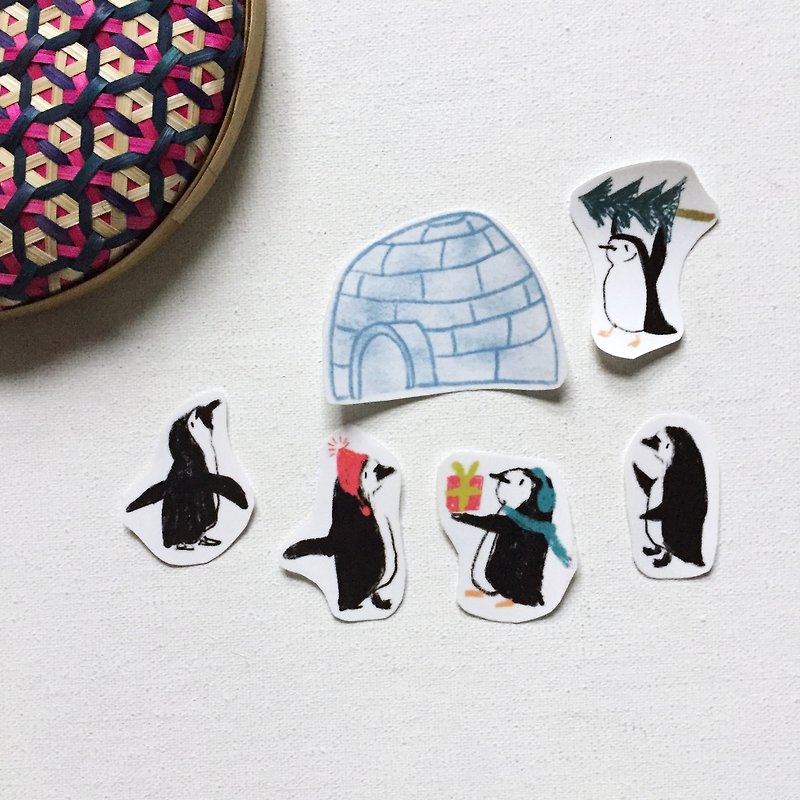 企鵝貼紙B 冰屋貼紙 送禮物的小企鵝 手剪透明貼紙包 一包6入 - 貼紙 - 塑膠 白色