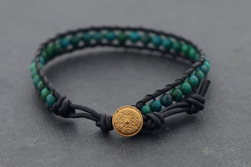 Chrysocolla Black Leather Stone beaded Cuff Bracelets Hipster - สร้อยข้อมือ - หนังแท้ สีเขียว