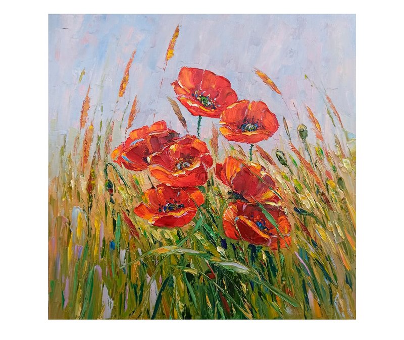 Poppy Oil Painting Flower Artwork Original Art Poppies Wall Art 罌粟油畫原始藝術罌粟 - Posters - Cotton & Hemp Red