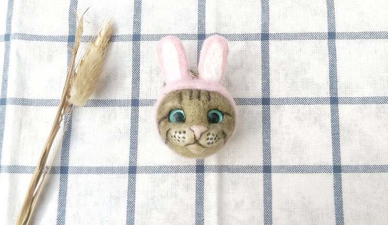 Needle Felt Tabby Cat With Rabbit Ears Hat Keyring - Other - Wool Khaki