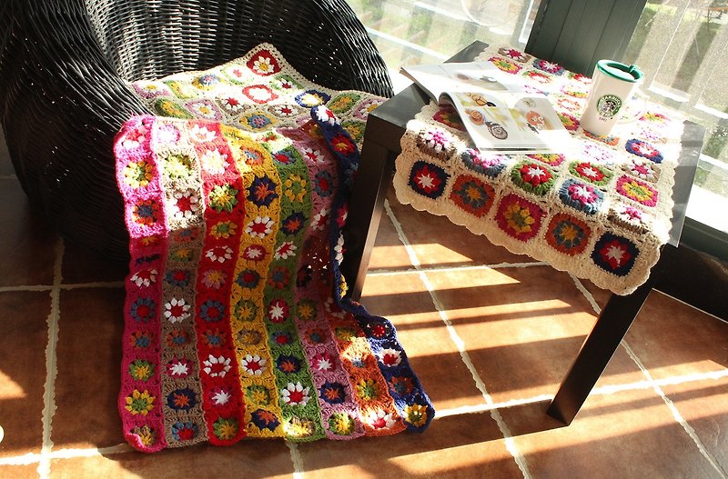 手工鉤針條紋雛菊毛線毯鉤花毯手鉤毯沙發毯床蓋布沙發巾 - 被/毛毯 - 棉．麻 