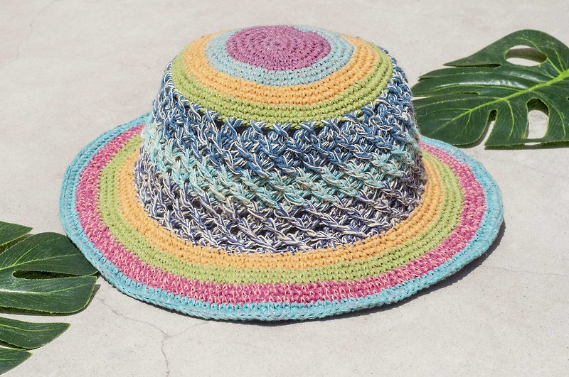 Valentine's Day Valentine's Day gift limited to a South American travel wind weaving cotton hat / knit hat / fisherman hat / sun hat / straw hat / hand-knitted cotton hat / crocheted cotton hat / painter hat / design cap - fruit macaron rainbow cak - Hats & Caps - Cotton & Hemp Multicolor