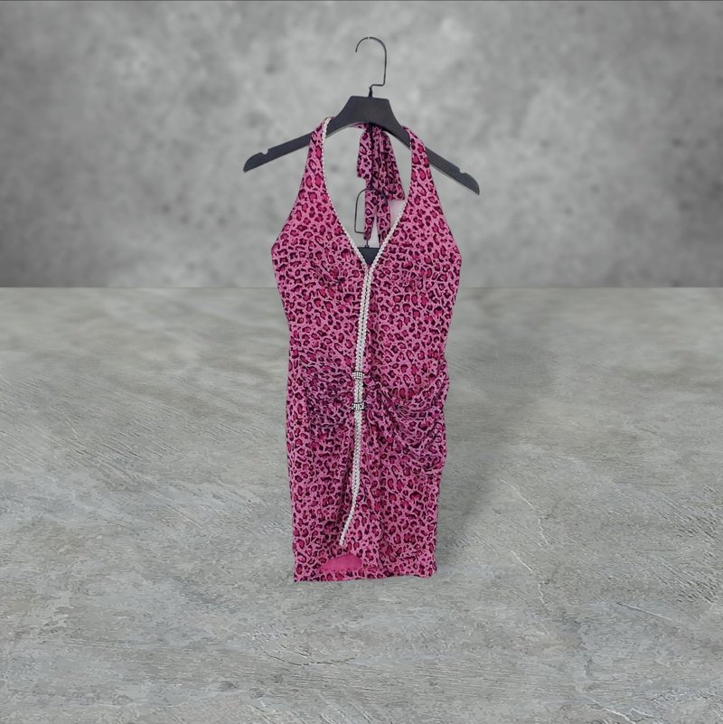 Sao Jiuji Peach and black color matching leopard print Silver webbing straps around the neck dress OPD509 - One Piece Dresses - Polyester Pink