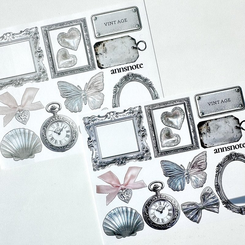 Silver motif sticker + paper MIX (anns note) vintage prop frame - 貼紙 - 紙 銀色