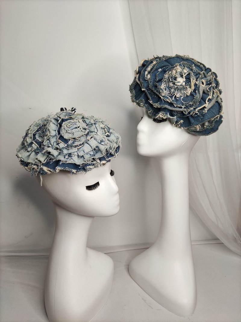 Don-Ya Mi Fashion banquet style hair accessories denim top hat niche designer custom brand - เครื่องประดับผม - ผ้าฝ้าย/ผ้าลินิน สีน้ำเงิน