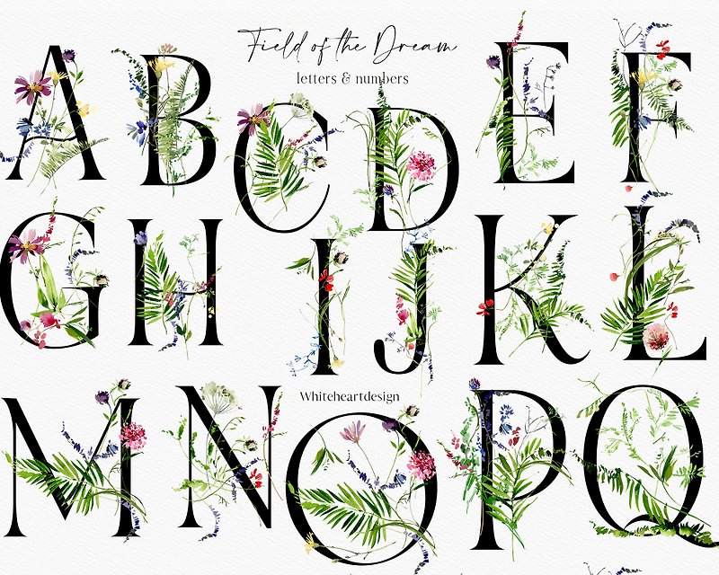 Abstract Greenery Alphabet Watercolor Clipart Green Leaves Letters Numbers - 插畫/繪畫/書法 - 其他金屬 