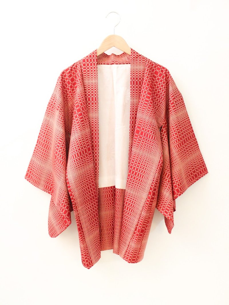 復古日本製紅色格紋格子和風印花古著羽織和服外套罩衫開衫Kimono - 女大衣/外套 - 聚酯纖維 紅色