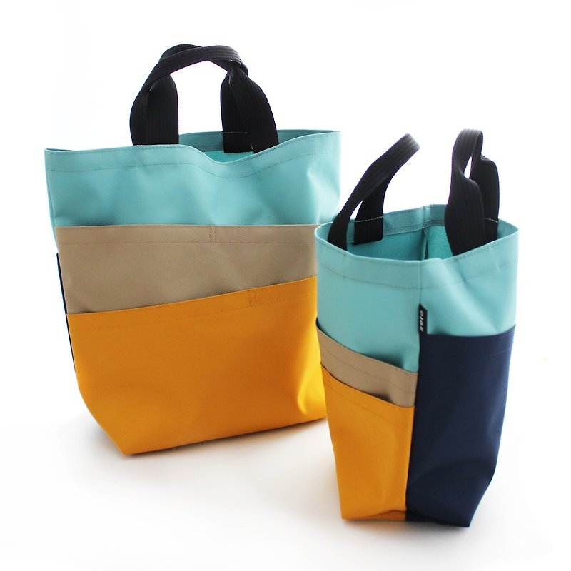 Layer tote bag large water blue x beige x yellow x navy - กระเป๋าถือ - เส้นใยสังเคราะห์ สีน้ำเงิน