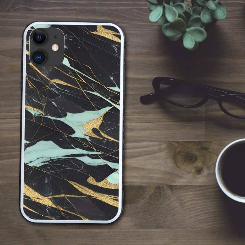 A stylish, mysterious and chic marble case with luxurious gold and light blue colors [tempered glass finish] Compatible with iPhone 16 - Phone Cases - Plastic Multicolor