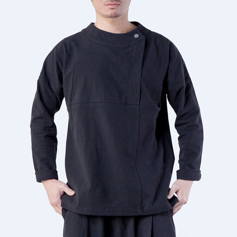 【限指定買家】 開襟圓領衫 - 天然棉麻 男上衣 長袖襯衫 / 黑色 - 男 T 恤 - 棉．麻 黑色