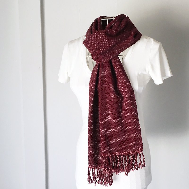 Unisex handwoven muffler Wine red with White dots Vol.2 - Knit Scarves & Wraps - Wool Red