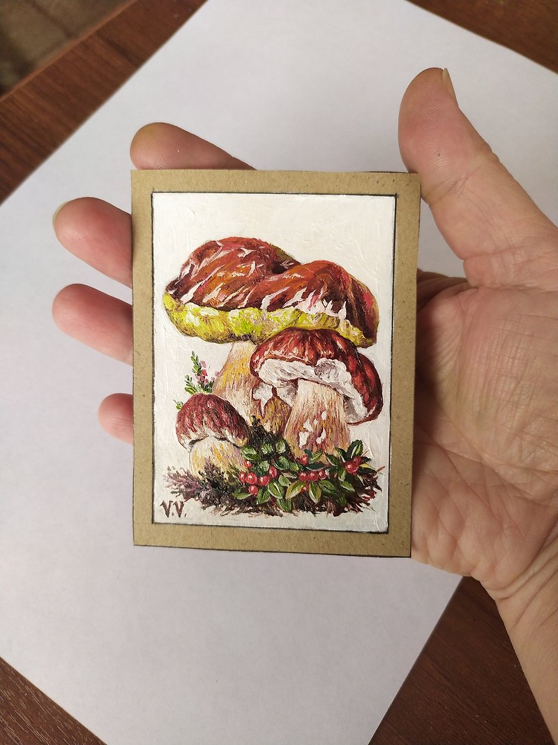 紙 海報/掛畫/掛布 咖啡色 - 白蘑菇 Aceo 原創藝術植物學小畫收藏卡  White Mushrooms Aceo Original Art Botanical painting