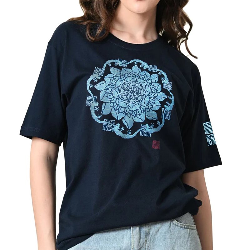 日本製アートTシャツ イモリTシャツ 流水 綿100% ユニセックス 紺 - 女 T 恤 - 棉．麻 藍色