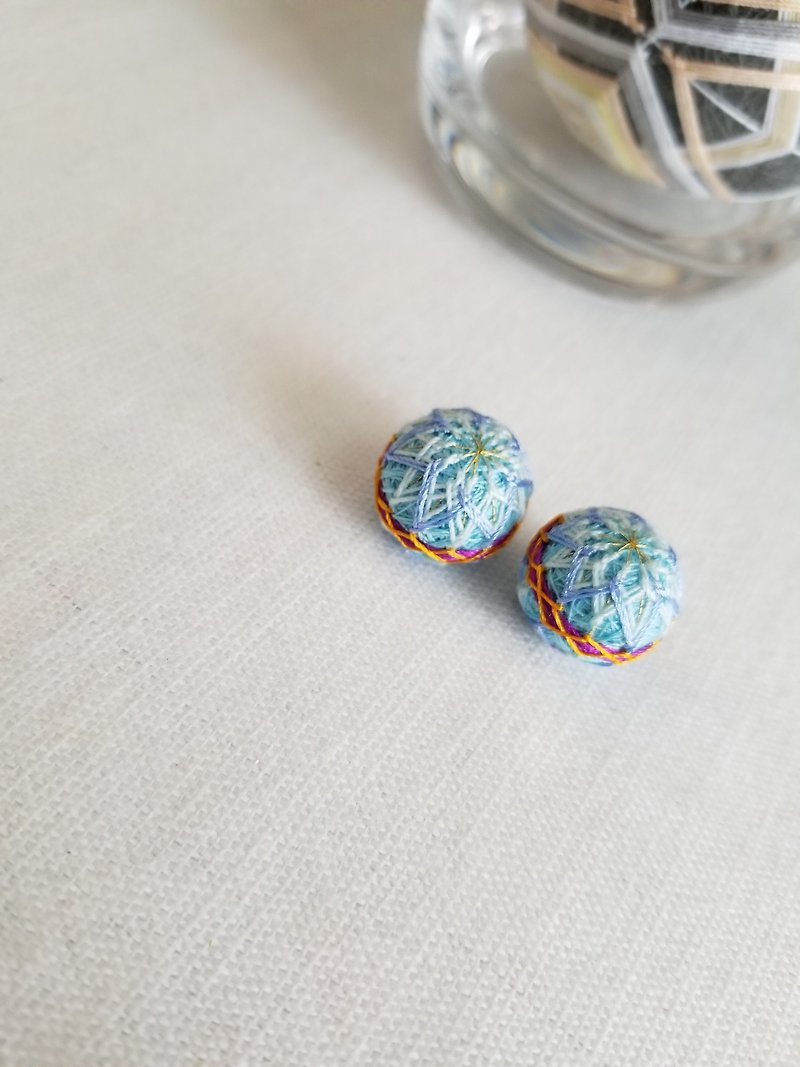 Colorful Line and Small Ball Earrings - Light Blue (Full Hand) - Earrings & Clip-ons - Thread Blue