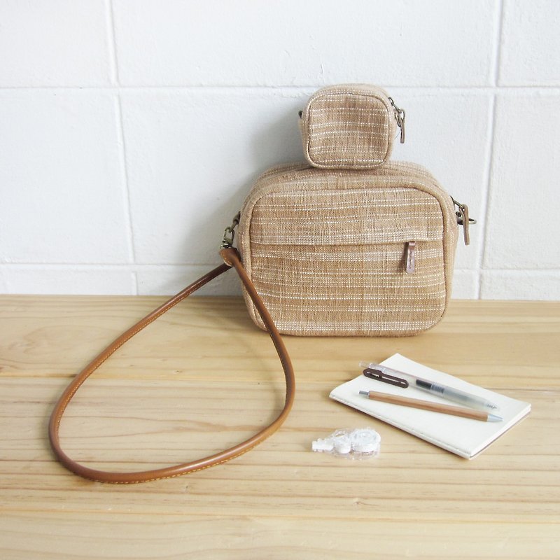 Goody Bag / A Set of Little Tan Midi Bag with Coin Bag S Size in Natural-Tan Color Cotton - กระเป๋าแมสเซนเจอร์ - ผ้าฝ้าย/ผ้าลินิน สีส้ม