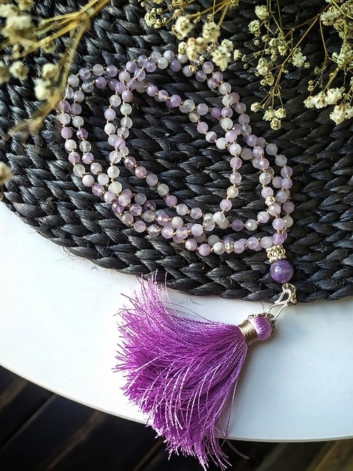 Lotus Sutra Shop Amethyst Sautoir with Feather Pendant and Tassel Woman Jewelry Feminine