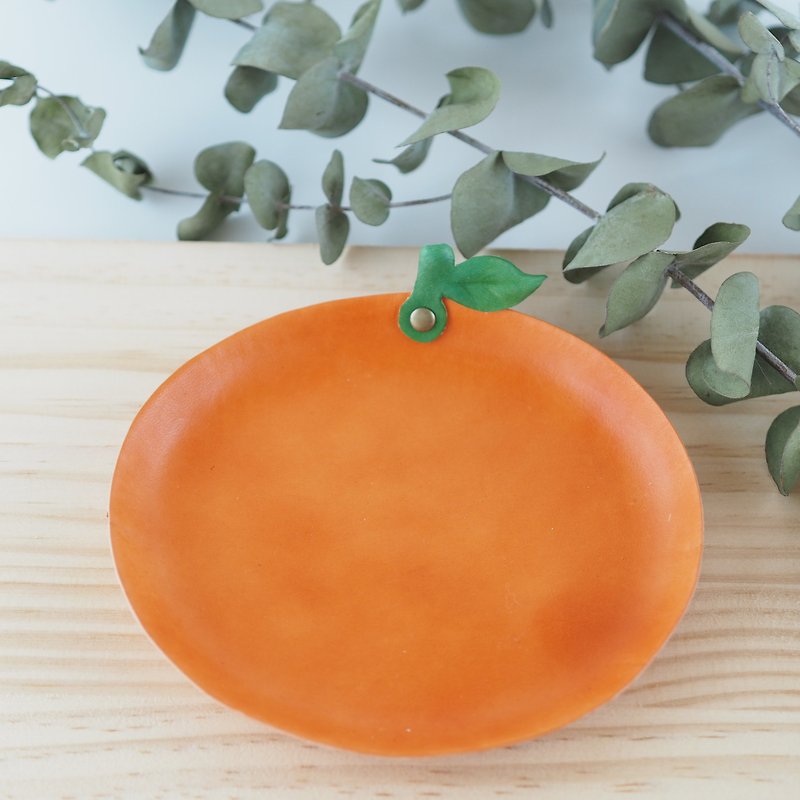 Large orange leather plate jewelry plate orange - ของวางตกแต่ง - หนังแท้ สีส้ม