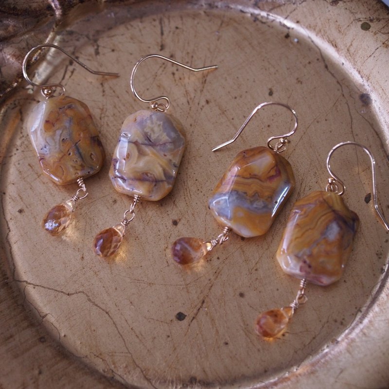 天然瘋狂蕾絲瑪瑙 黃水晶 14Kgf 天然石耳環 Crazy Lace Agate - 耳環/耳夾/耳骨夾 - 半寶石 黃色