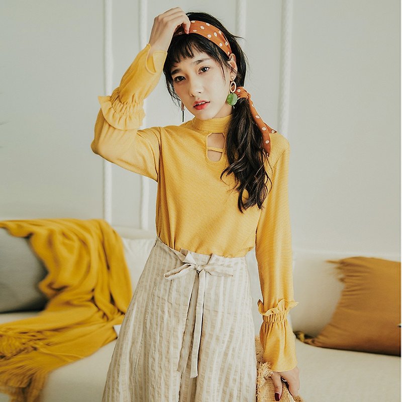 2018 autumn new literary elegant solid color small high collar shirt shirt - Women's Shirts - Other Materials Yellow