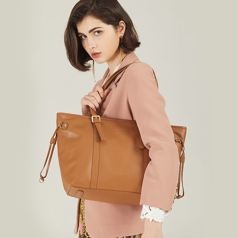 Li Paner Morandi series tote bag women's large capacity shoulder bag - กระเป๋าแมสเซนเจอร์ - หนังแท้ สีนำ้ตาล