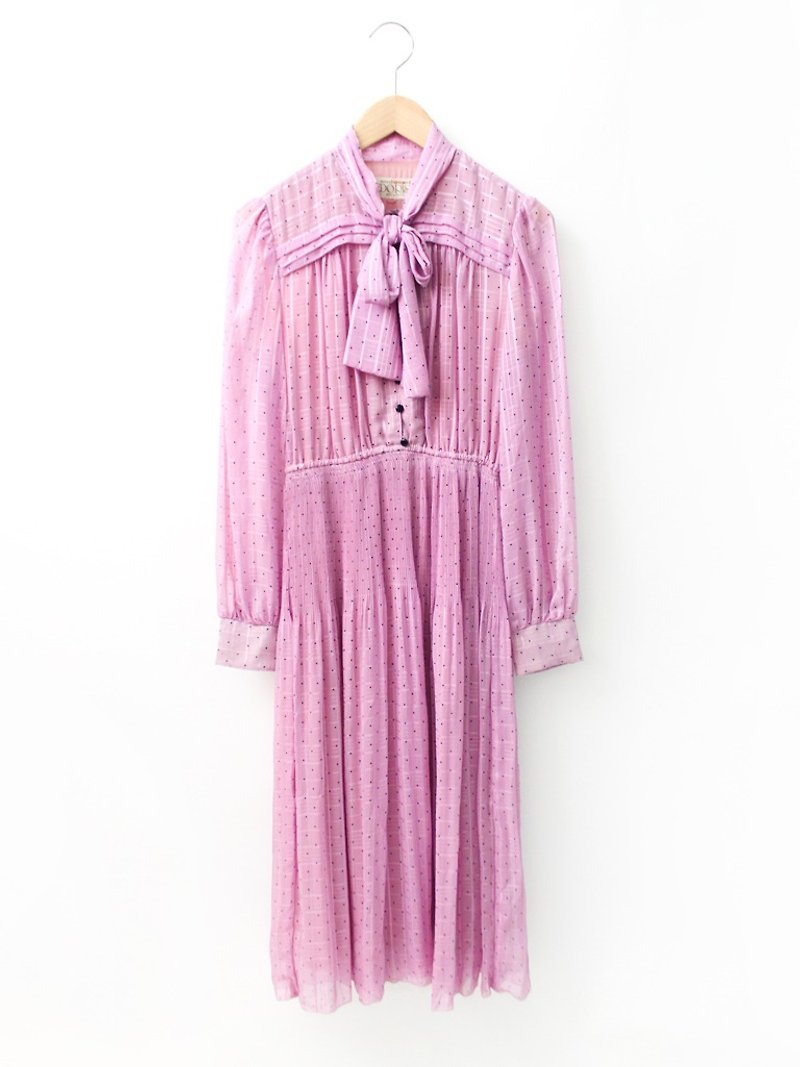 Vintage Dress Japanese retro cute little purple bow tie long sleeve vintage dress - ชุดเดรส - เส้นใยสังเคราะห์ สึชมพู