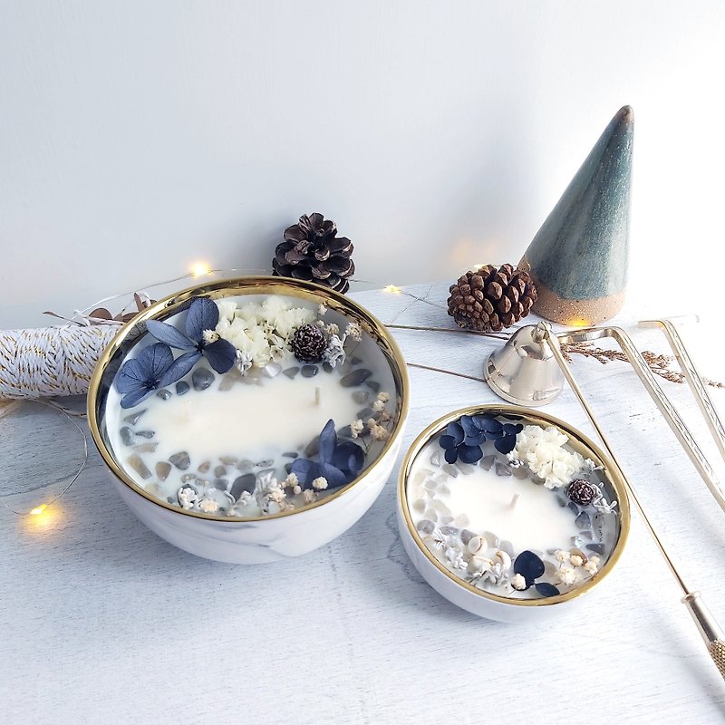 Moonstone - White Marble bowl | Dried flower Crystal Natural Soywax Candle - เทียน/เชิงเทียน - ขี้ผึ้ง สีเงิน