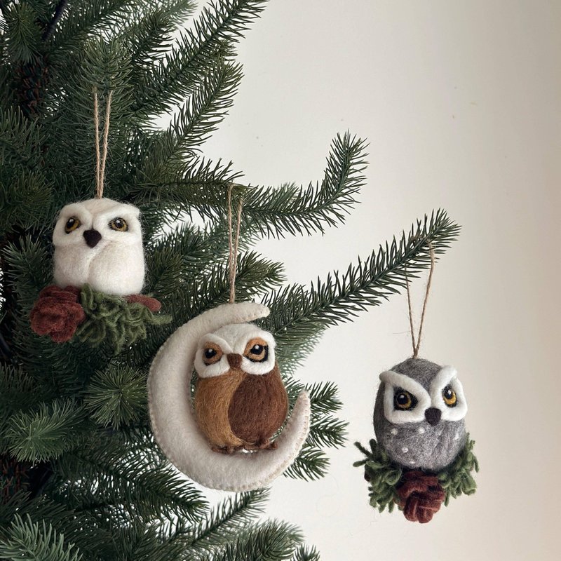 Wool Felt Christmas Ornament - Owl - ของวางตกแต่ง - ขนแกะ 