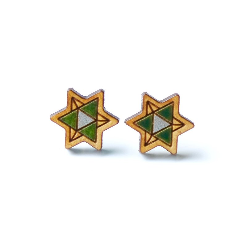 Painted wood earrings-Star (green) - Earrings & Clip-ons - Wood Green