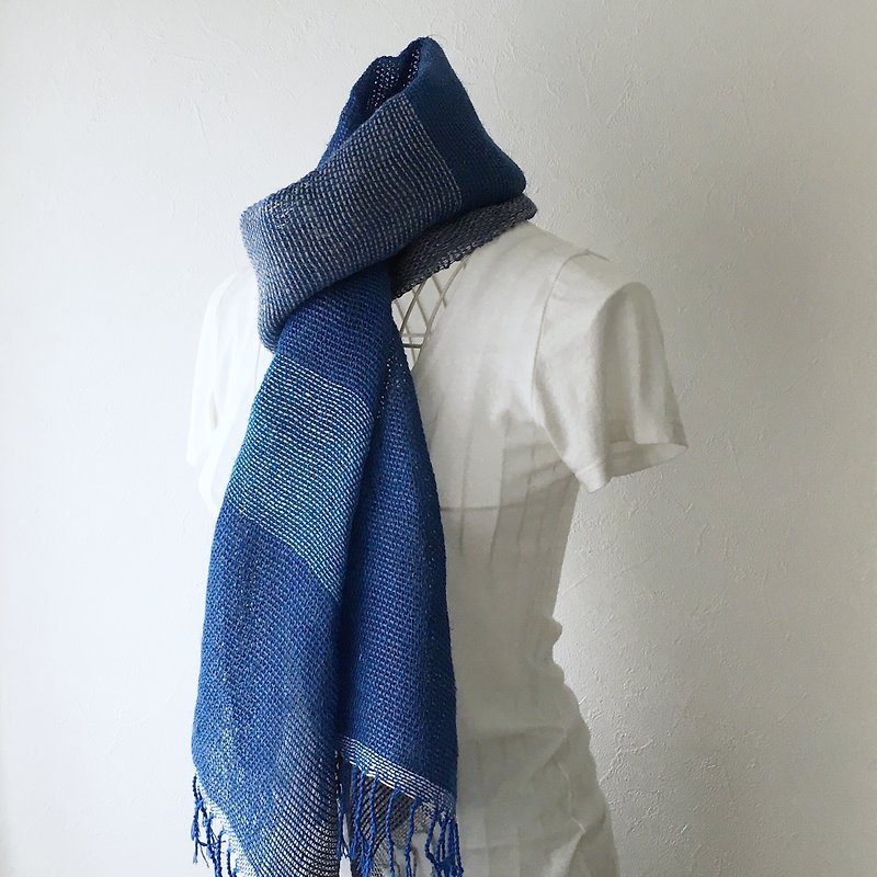 【綿＆リネン＆ヘンプ：オールシーズン】ユニセックス：手織りストール"Deep Blue" - 絲巾 - 棉．麻 藍色